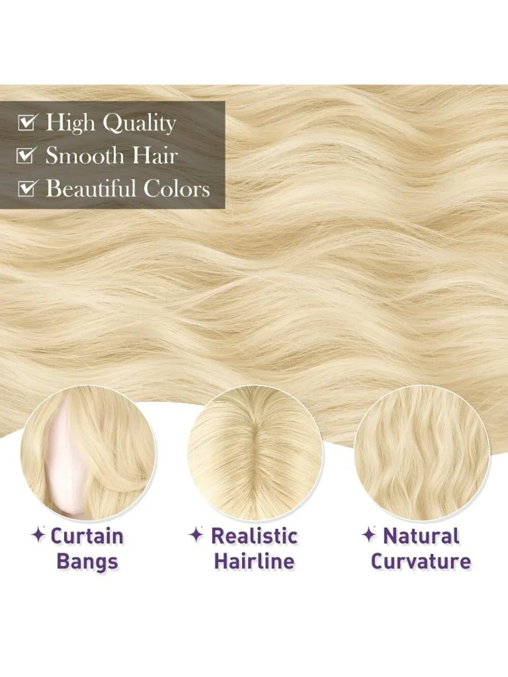 Women's Light Blonde 26 Inch Heat Resistant Curtain Bangs Long Wavy Wigs